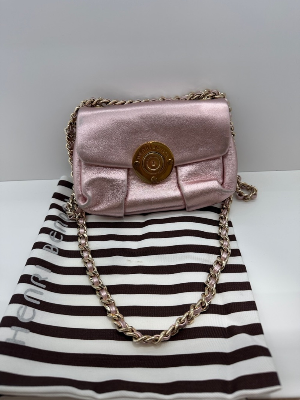 henri bendel Metallic Pink Chain Shoulder Bag with Gold Turn-Lock